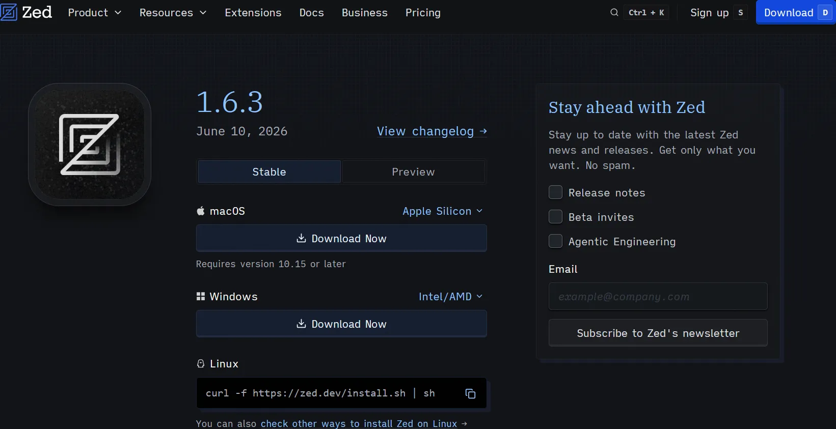 Elegir sistema operativo para descargar Zed: macOS, Windows o Linux